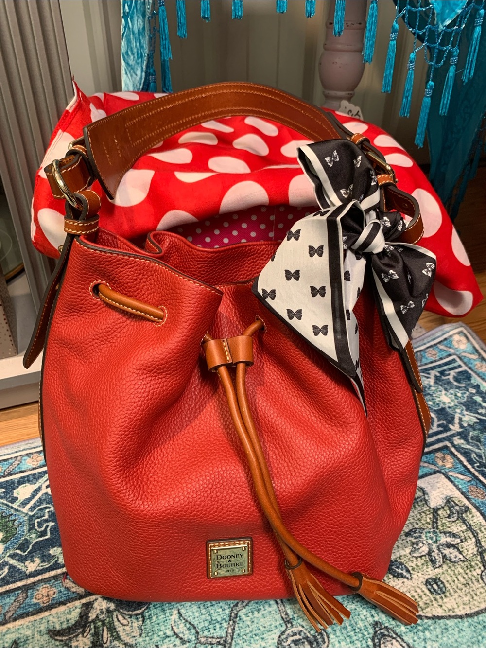 Dooney & Bourke R2077 pebbled leather drawstring bucket bag NEW QVC red